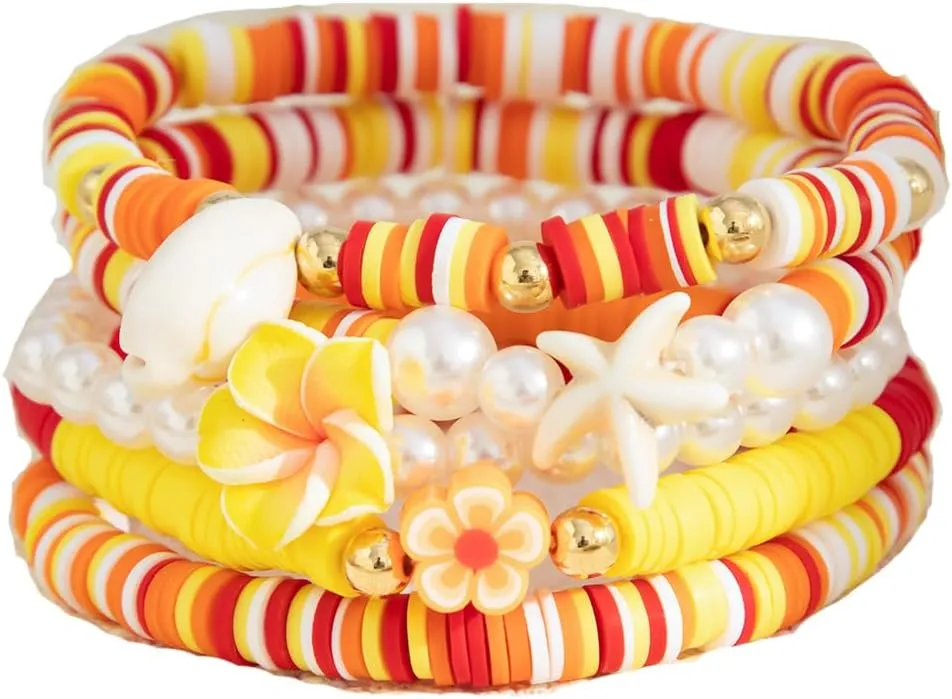 Surfer Heishi Bracelets for Women Stackable Starfish Shell Turtle Flower Bracelet Layering Beaded Stretch Bracelets Friendship Bracelet Bohemian Style Summer Jewelry