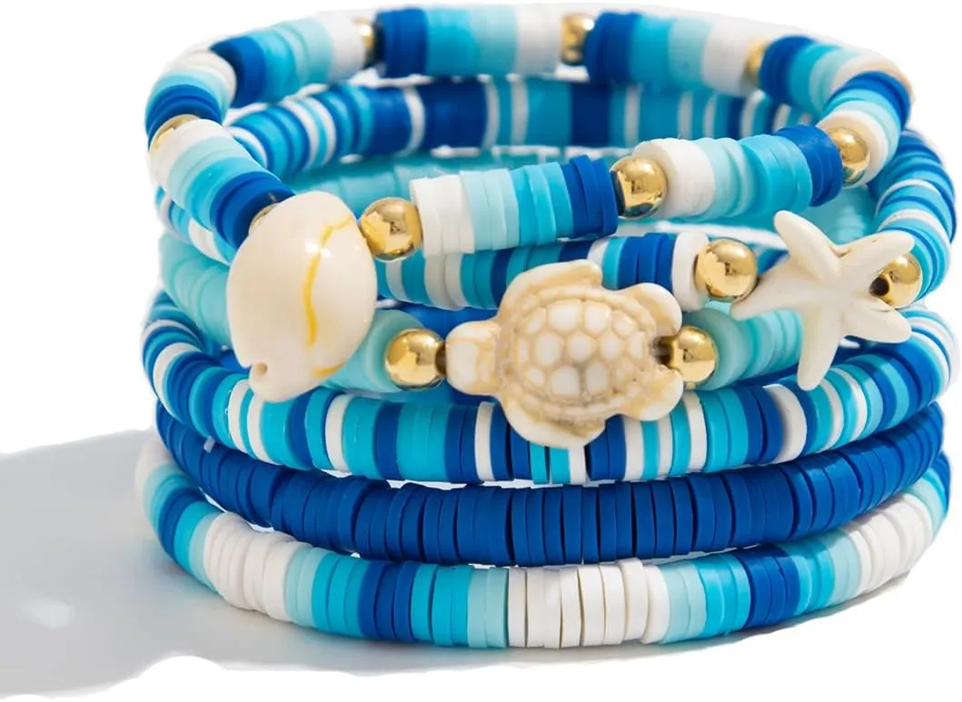 Surfer Heishi Bracelets for Women Stackable Starfish Shell Turtle Flower Bracelet Layering Beaded Stretch Bracelets Friendship Bracelet Bohemian Style Summer Jewelry