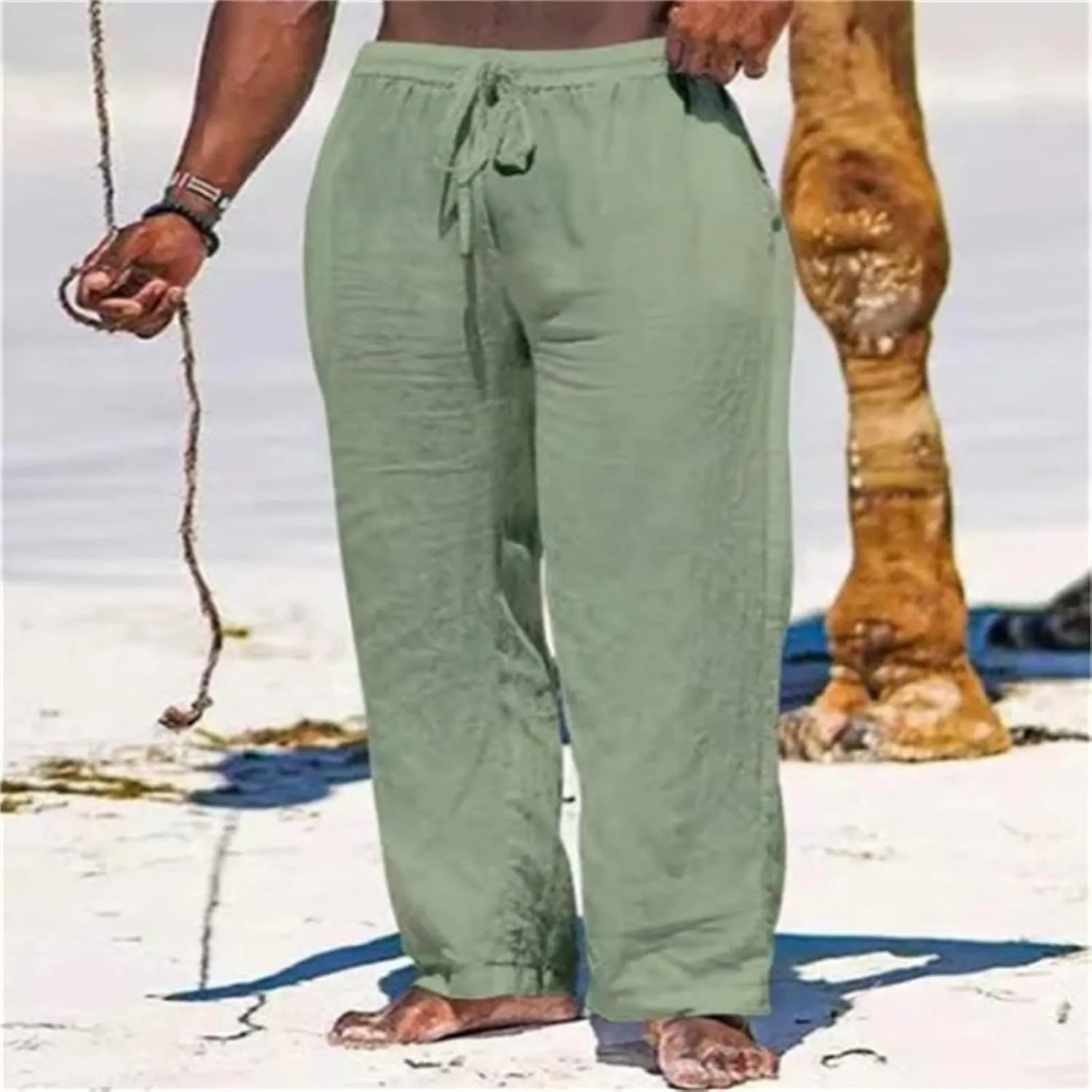 Thatrich Casual Beach Pants for Men Lightweight Breathable Linen Yoga Trousers Relaxed Fit Comfy Hawaiian Vacation Pant Slack