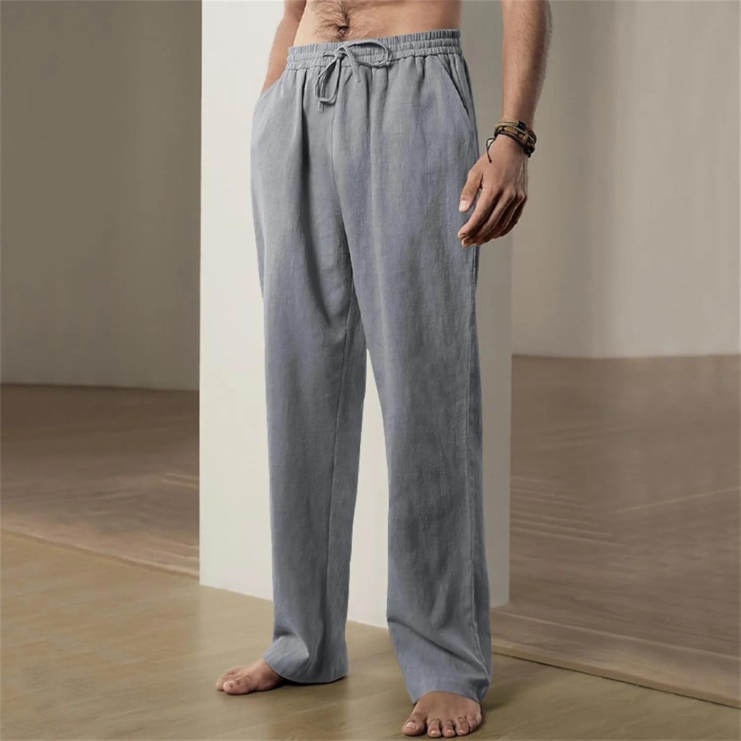 Thatrich Mens Casual Pants Relaxed Linen Beach Yoga Pant Workout Breathable Lightweight Trousers Summer Solid Color Joggers
