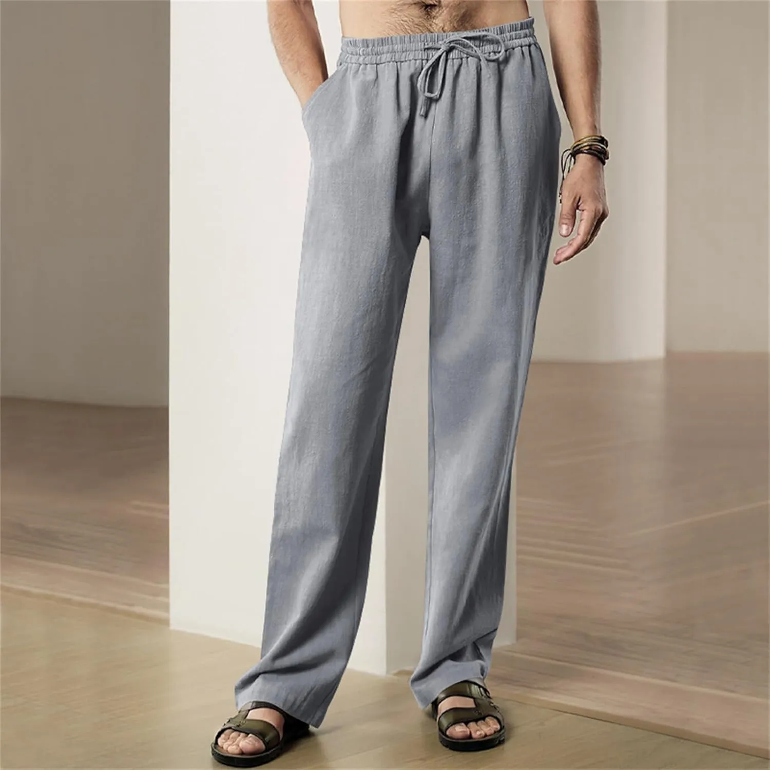 Thatrich Mens Casual Pants Relaxed Linen Beach Yoga Pant Workout Breathable Lightweight Trousers Summer Solid Color Joggers