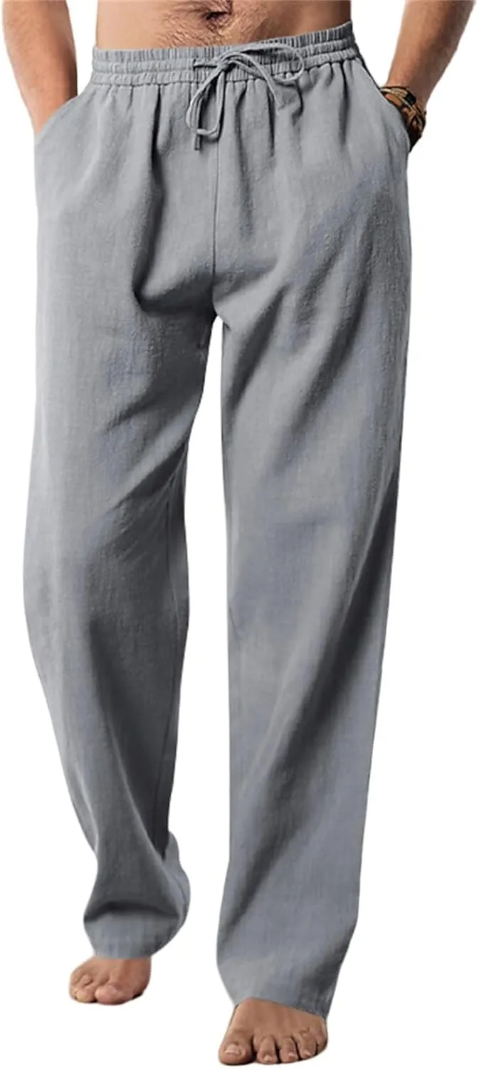 Thatrich Mens Casual Pants Relaxed Linen Beach Yoga Pant Workout Breathable Lightweight Trousers Summer Solid Color Joggers