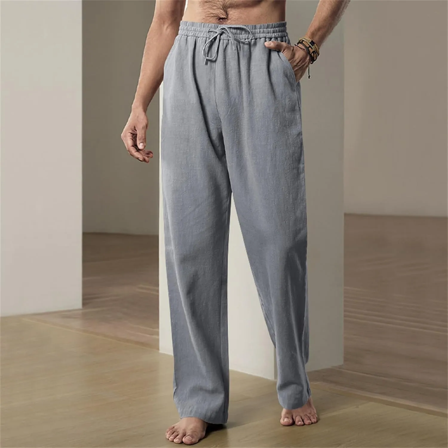 Thatrich Mens Casual Pants Relaxed Linen Beach Yoga Pant Workout Breathable Lightweight Trousers Summer Solid Color Joggers