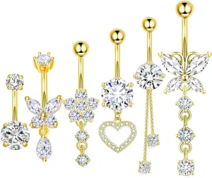 TIANCI FBYJS Surgical Stainless Steel Dangle Belly Button Rings for Women Belly Ring Dangling Piercing Jewelry with Heart Flower Butterfly Silver 14G