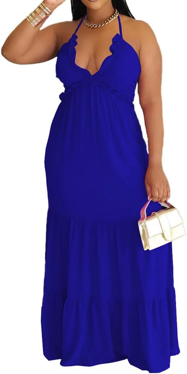 TOPSRANI Womens Sleeveless Maxi Dress Halter Casual Backless Smocked Tiered Ruffle Flowy Sexy Slip Sling Strap Dresses