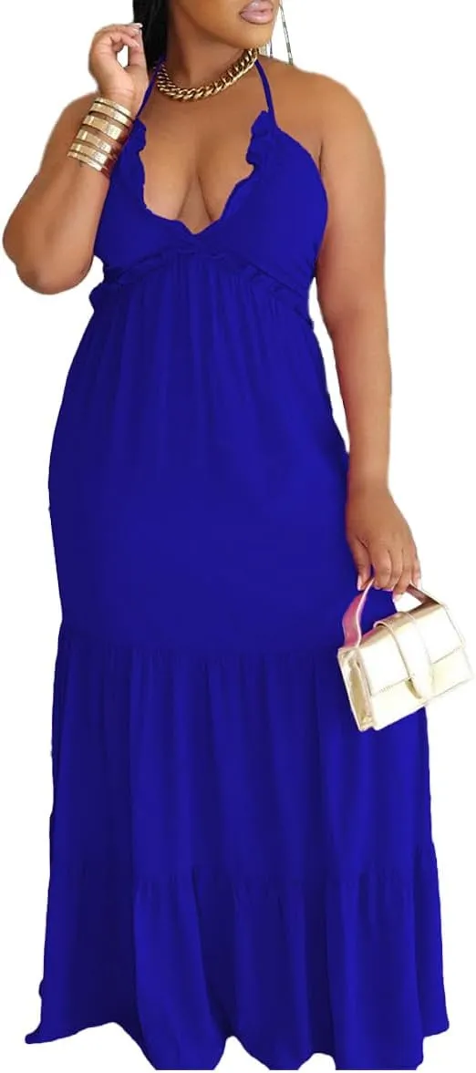 TOPSRANI Womens Sleeveless Maxi Dress Halter Casual Backless Smocked Tiered Ruffle Flowy Sexy Slip Sling Strap Dresses