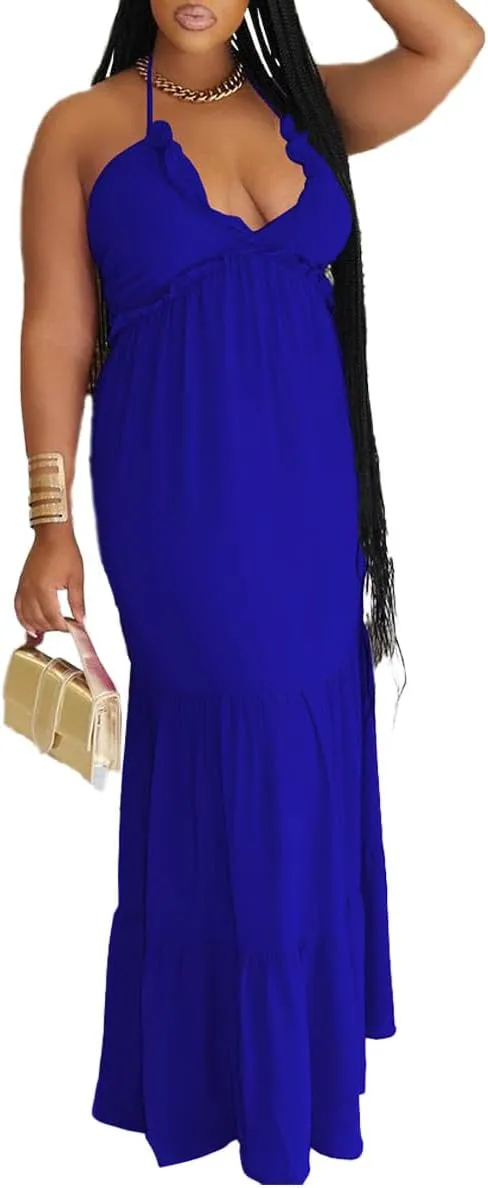 TOPSRANI Womens Sleeveless Maxi Dress Halter Casual Backless Smocked Tiered Ruffle Flowy Sexy Slip Sling Strap Dresses