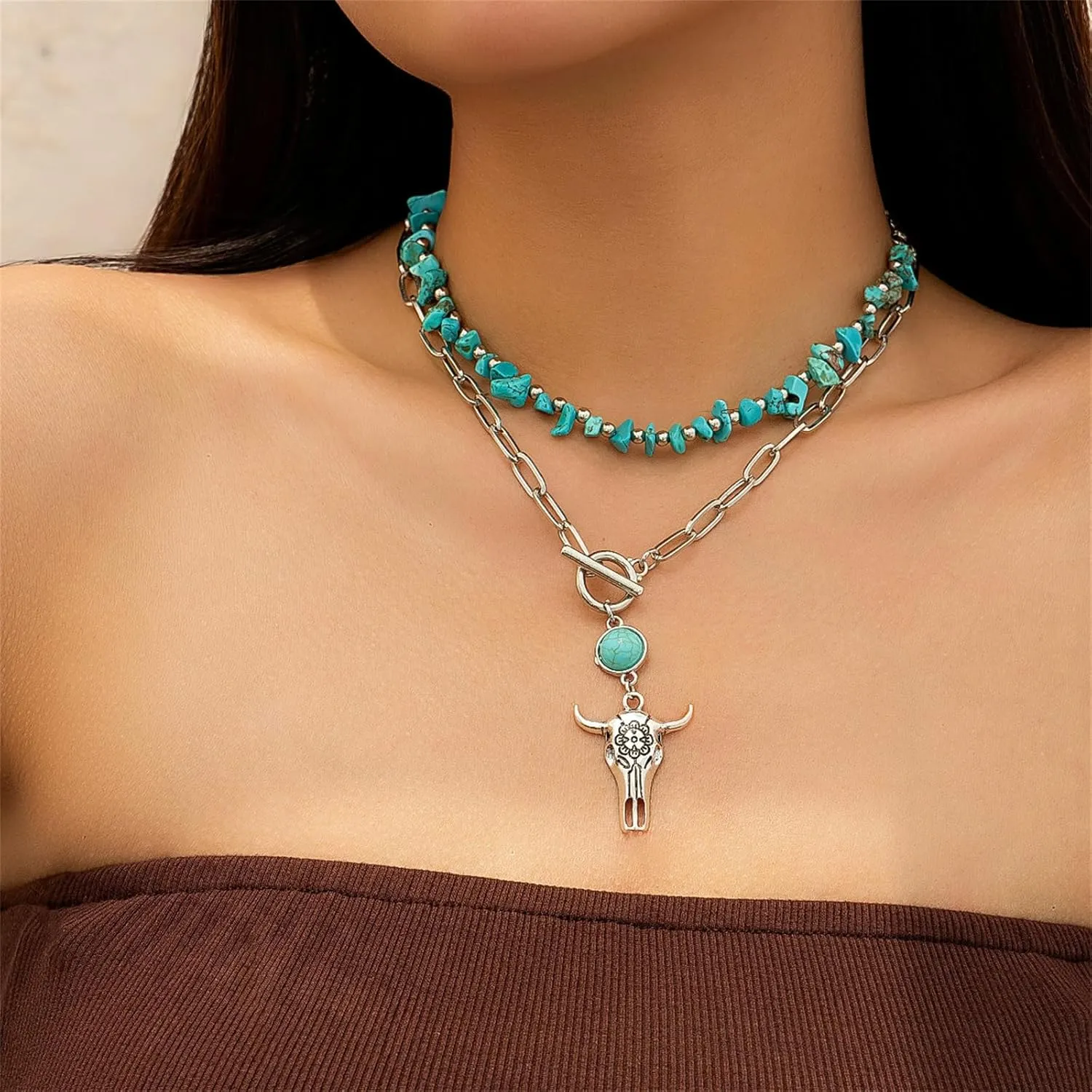 Turquoise Choker Necklace Handmade Layered Boho Minimalist Western Beaded Turquoises Heart Bar Pendant Necklace lightning Jewelry for Women