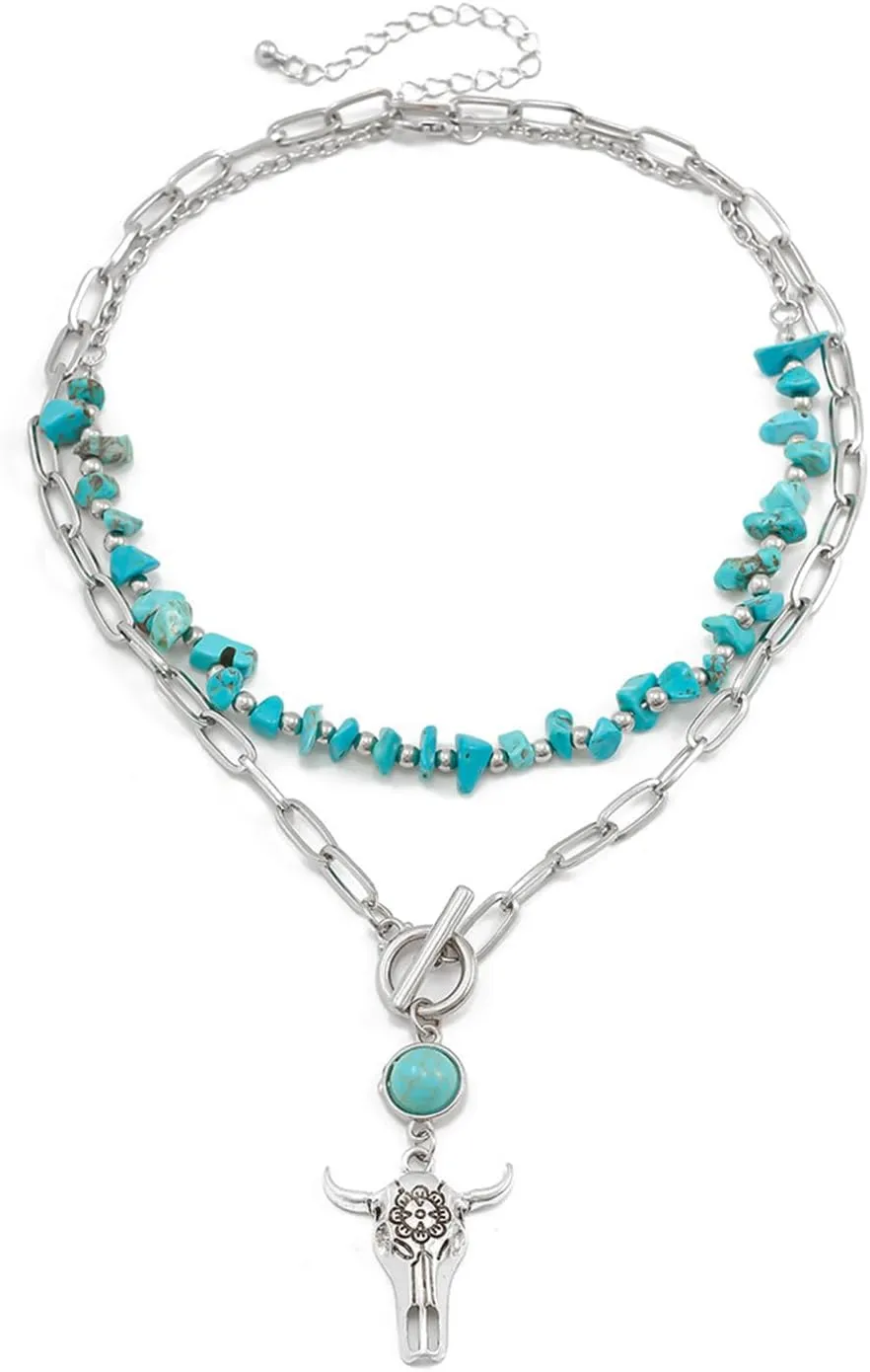 Turquoise Choker Necklace Handmade Layered Boho Minimalist Western Beaded Turquoises Heart Bar Pendant Necklace lightning Jewelry for Women
