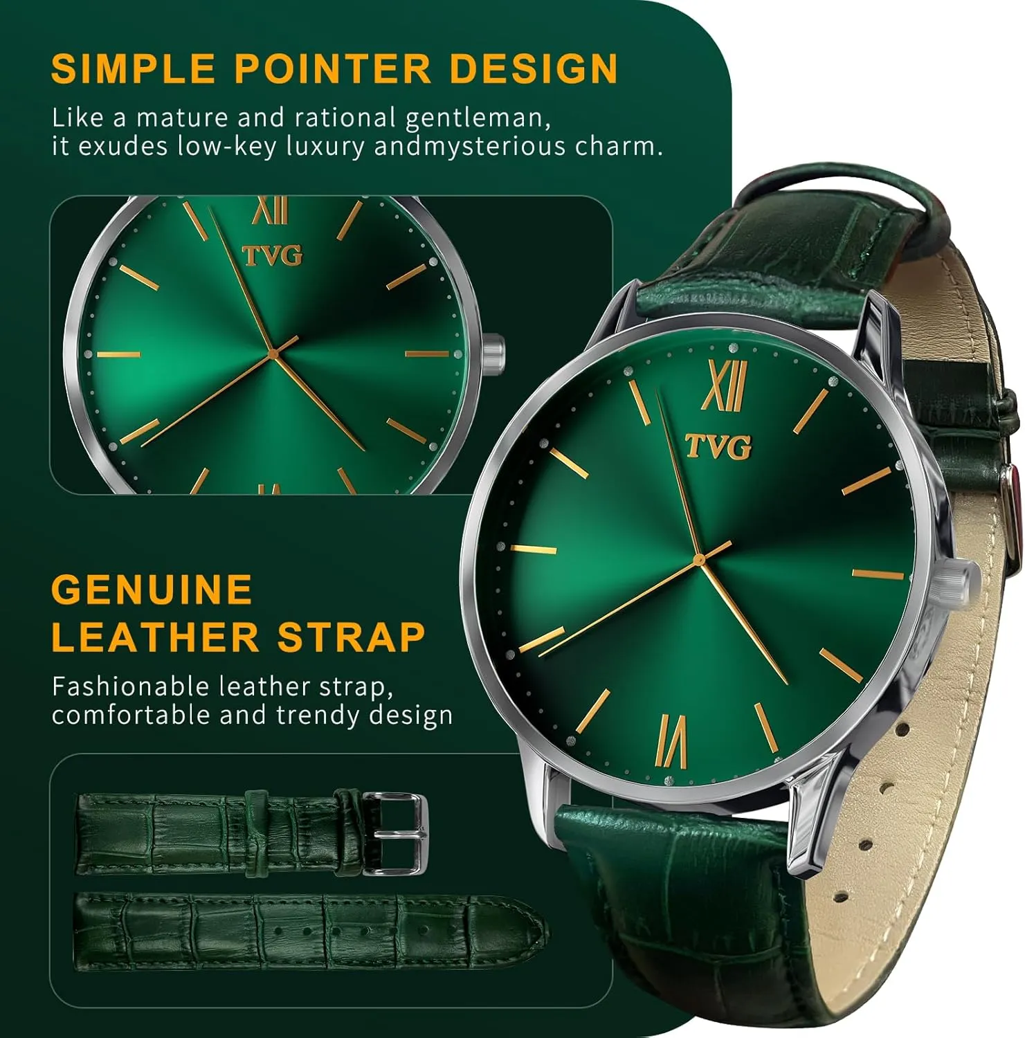 TVG Watches,Leather Dress Watch for Men,Men's Fashion Quartz Watch,Waterproof Man Watches