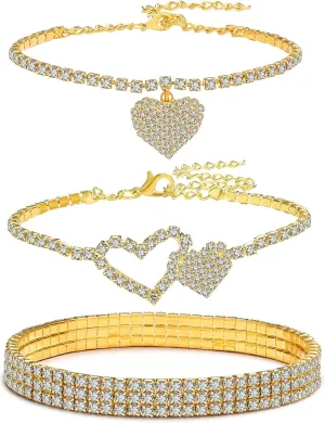 UILZ 3PCS Ankle Bracelets Set for Women Twinkle Diamond Anklet Elastic Bling Shining Foot Jewelry for Women Girls Bridal Beach Anklet Waterproof