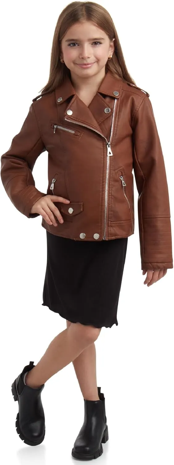 URBAN REPUBLIC Girls' Moto Jacket - Full Zip PU Faux Leather Motorcycle Biker Outerwear Jackets for Girls (Sizes: 4-16)