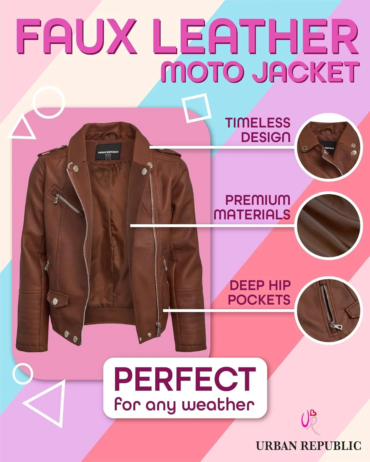 URBAN REPUBLIC Girls' Moto Jacket - Full Zip PU Faux Leather Motorcycle Biker Outerwear Jackets for Girls (Sizes: 4-16)