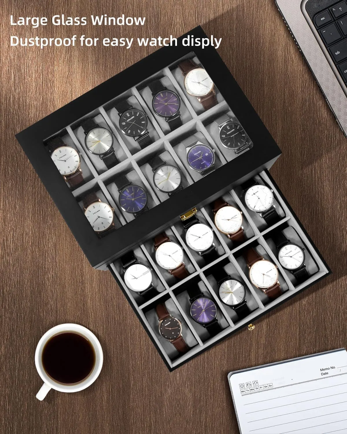 Uten 20 Wooden Watch Storage Box 2 Layers Organizer Collection Jewelry with Glass Lid