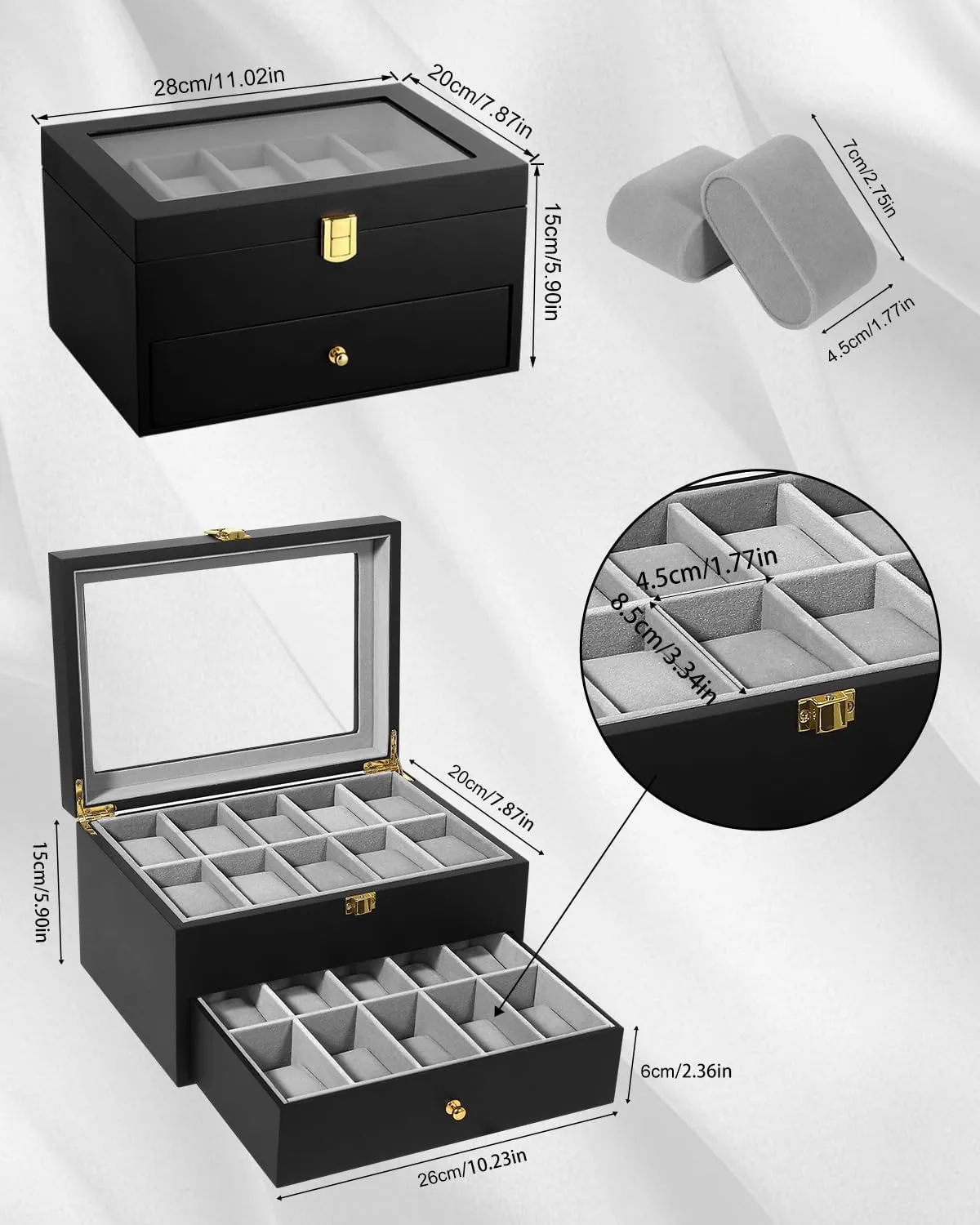 Uten 20 Wooden Watch Storage Box 2 Layers Organizer Collection Jewelry with Glass Lid
