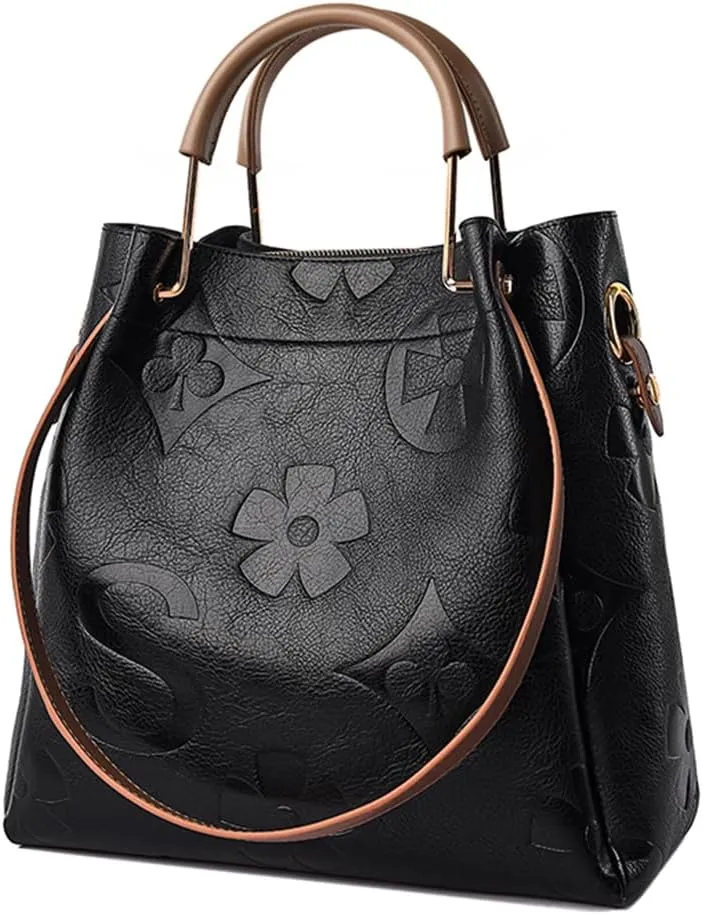Vegan Leather Tote Bag Embossed Bucket Handbag Trendy Purse for Women Top Handle Work Hobo Bag Shoulder Purse
