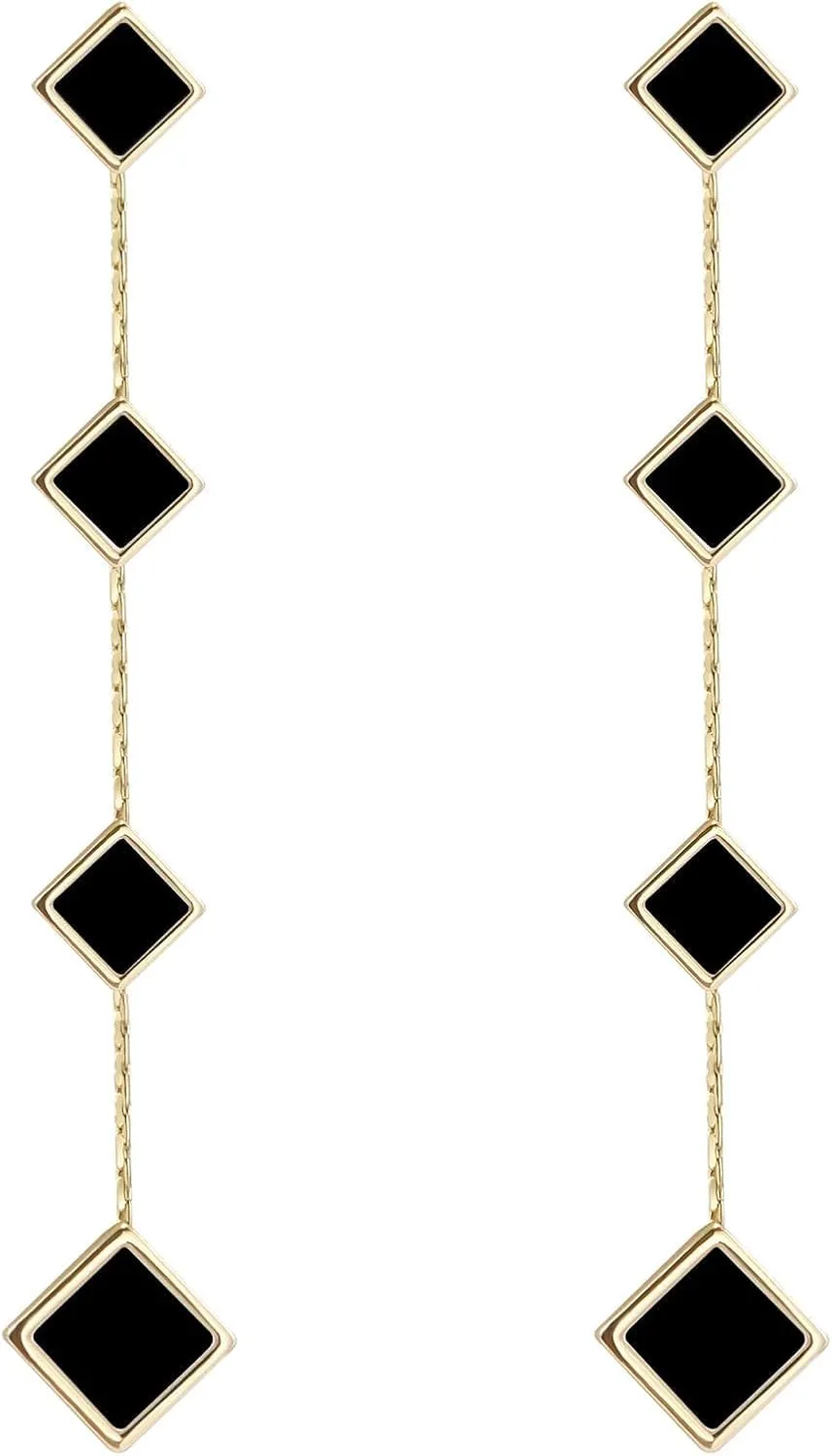 VGWON 18K Gold Plated Long Dangle Earrings With Small Nacre/Black Squares Elegant Trendy Style Geometric Shape Threader Earrings Gift For Women Girls Bridal Wedding Party