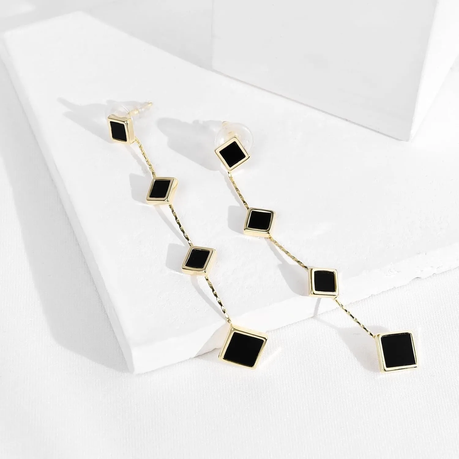 VGWON 18K Gold Plated Long Dangle Earrings With Small Nacre/Black Squares Elegant Trendy Style Geometric Shape Threader Earrings Gift For Women Girls Bridal Wedding Party
