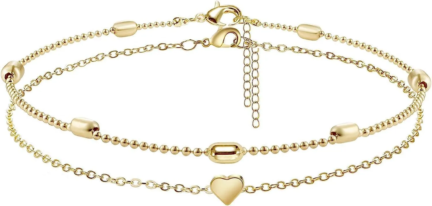 VIROMY Anklets for Women,14K Real Gold Plated Large Ankle Bracelets for Women Waterproof Simple Dot Cute Heart Dainty Evil Eye Anklets Non Tarnish Summer Beach Jewelry Gift for Women