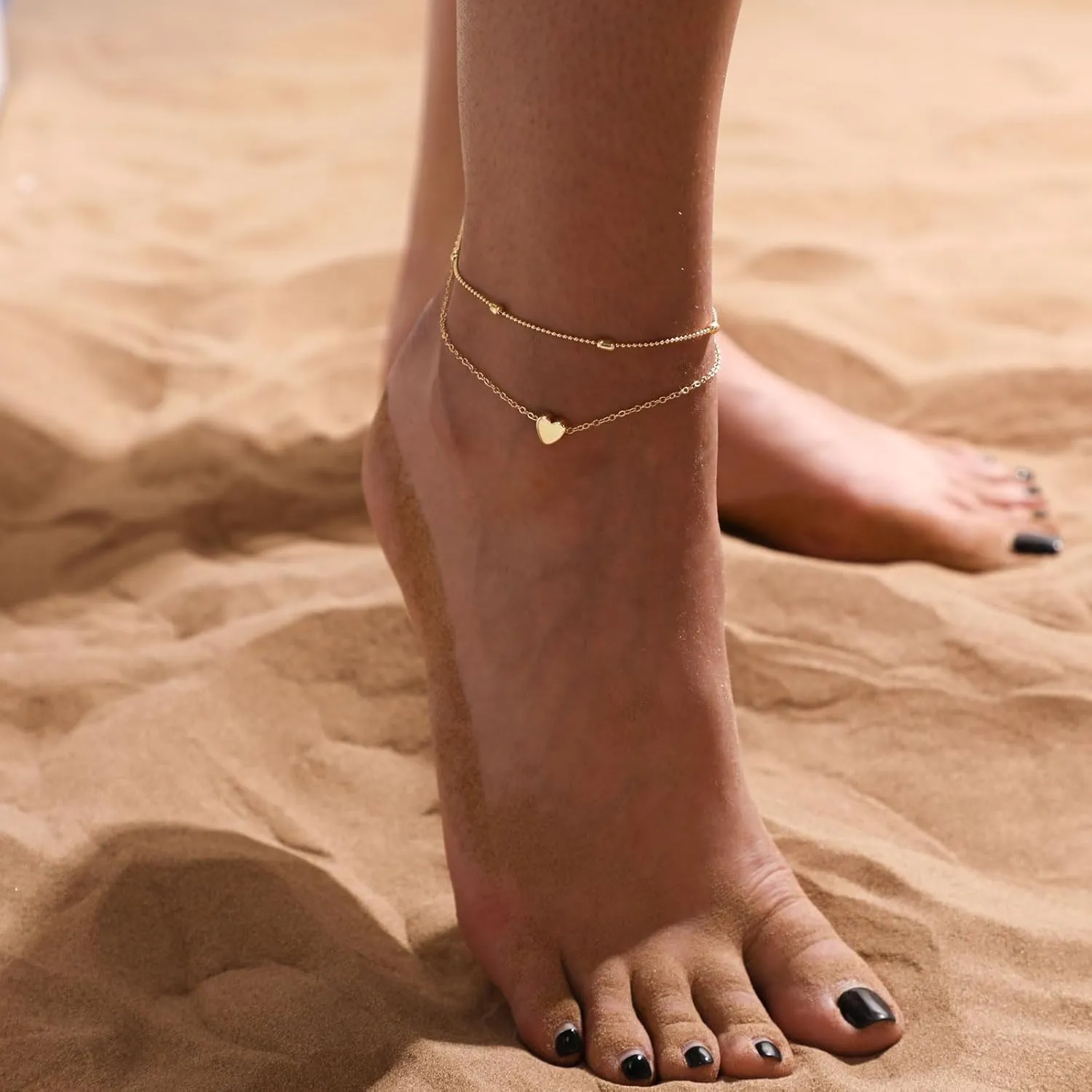 VIROMY Anklets for Women,14K Real Gold Plated Large Ankle Bracelets for Women Waterproof Simple Dot Cute Heart Dainty Evil Eye Anklets Non Tarnish Summer Beach Jewelry Gift for Women