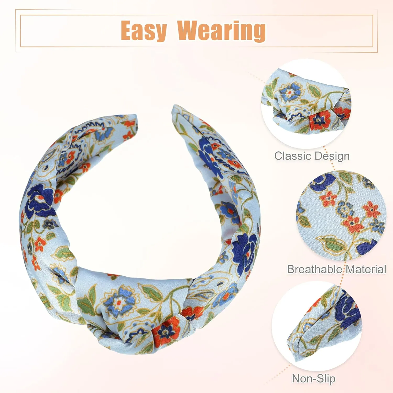 VOCOSTE Floral Pattern Knotted Headband, Classic Casual Style Headband for Women Girl, Blue 5.20"x2.36"