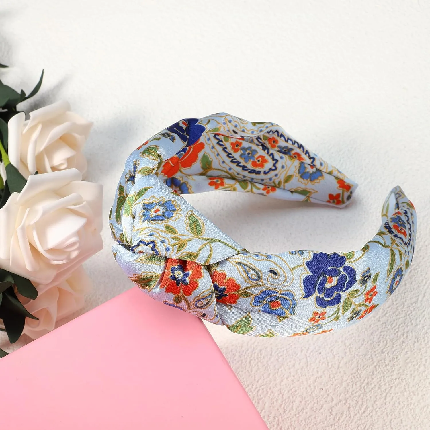 VOCOSTE Floral Pattern Knotted Headband, Classic Casual Style Headband for Women Girl, Blue 5.20"x2.36"