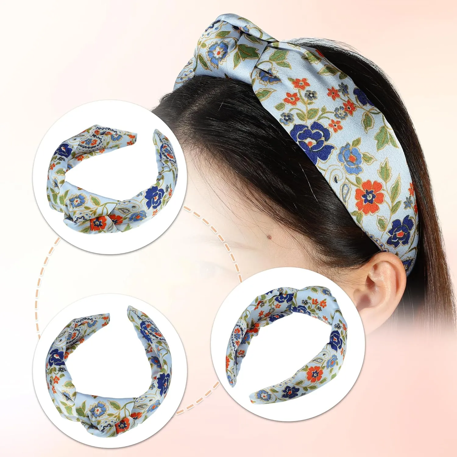 VOCOSTE Floral Pattern Knotted Headband, Classic Casual Style Headband for Women Girl, Blue 5.20"x2.36"