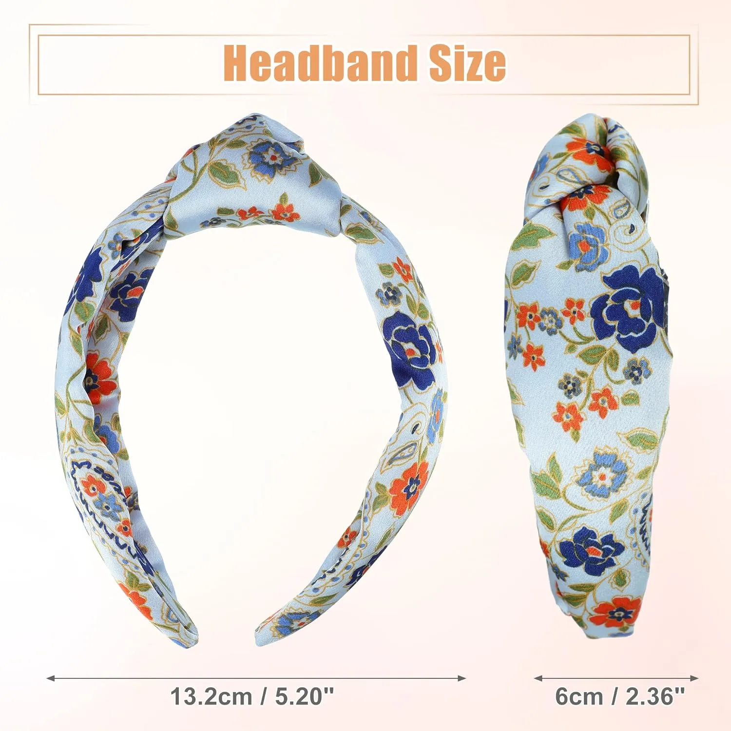 VOCOSTE Floral Pattern Knotted Headband, Classic Casual Style Headband for Women Girl, Blue 5.20"x2.36"