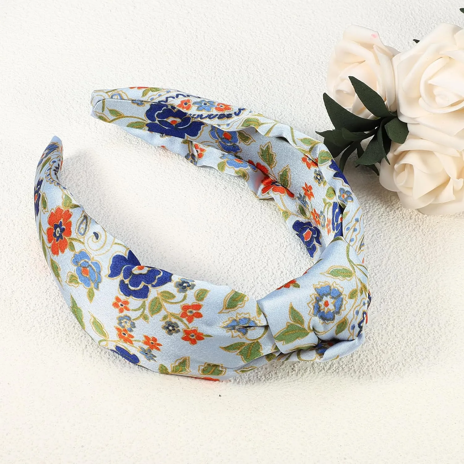 VOCOSTE Floral Pattern Knotted Headband, Classic Casual Style Headband for Women Girl, Blue 5.20"x2.36"