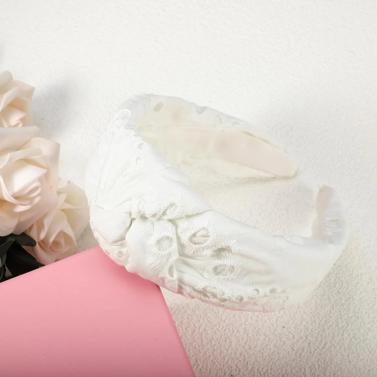 VOCOSTE Floral Pattern Knotted Headband, Classic Casual Style Headband for Women Girl, White, 4.92"x1.97"