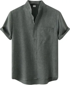 Wankang Mens Summer Casual Linen Shirts Short Sleeve Button Up Beach T Shirts Collared Tees Pocket Hawaiian Shirt for Men