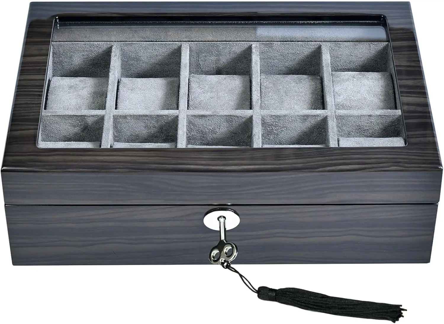 Watch Box for Men 10 Watches Storage box&Organizer Smart Watch Display Case - Ebony Wood with Soft Velvet Interior-Large Glass Window-Gift for Women and Man (10W-GYG)