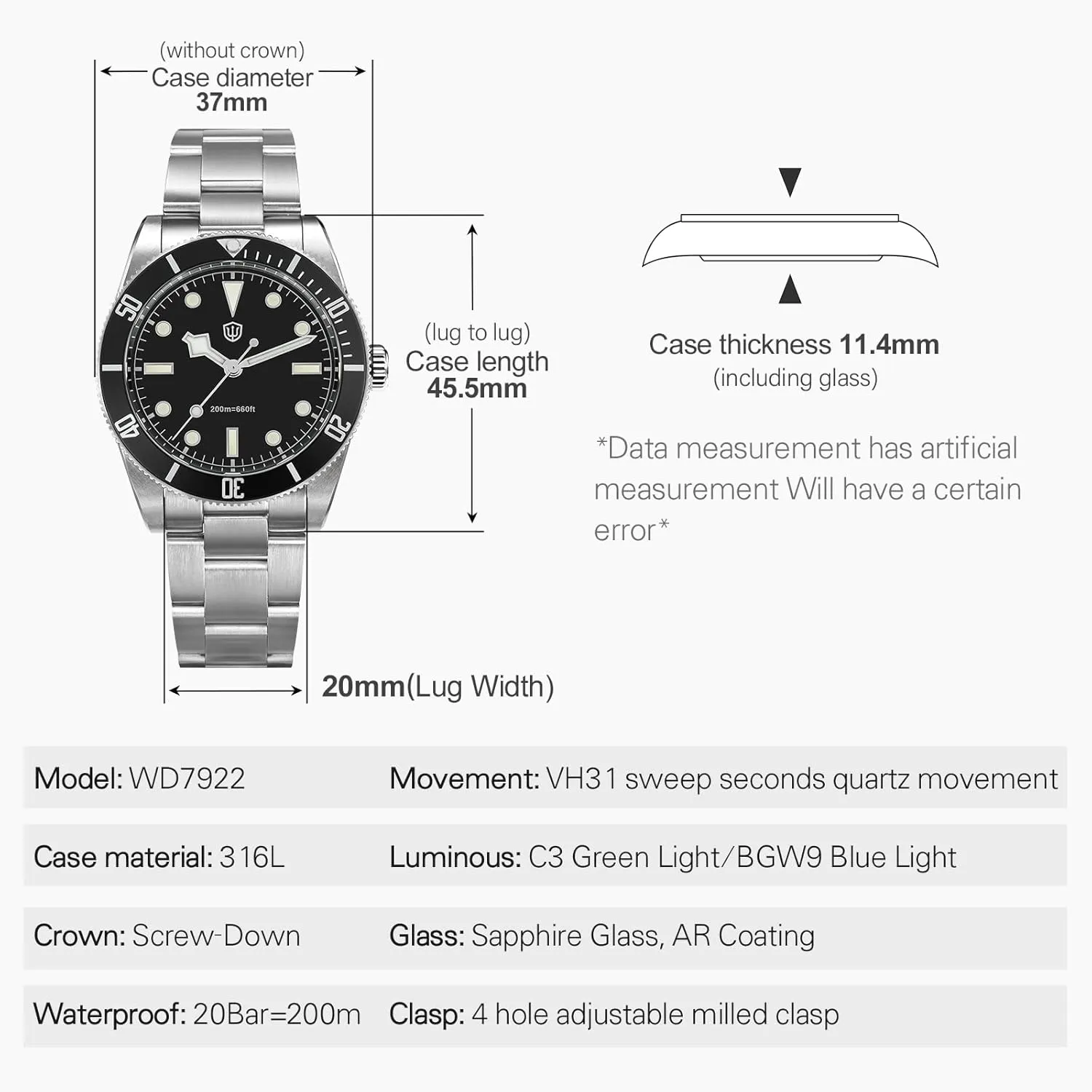 watchdives Quartz Watches, WD7922 BB54 Mens Watch 37mm Sapphire Crystal Luxury Wrist Watch 20Bar Diver Watches for Men