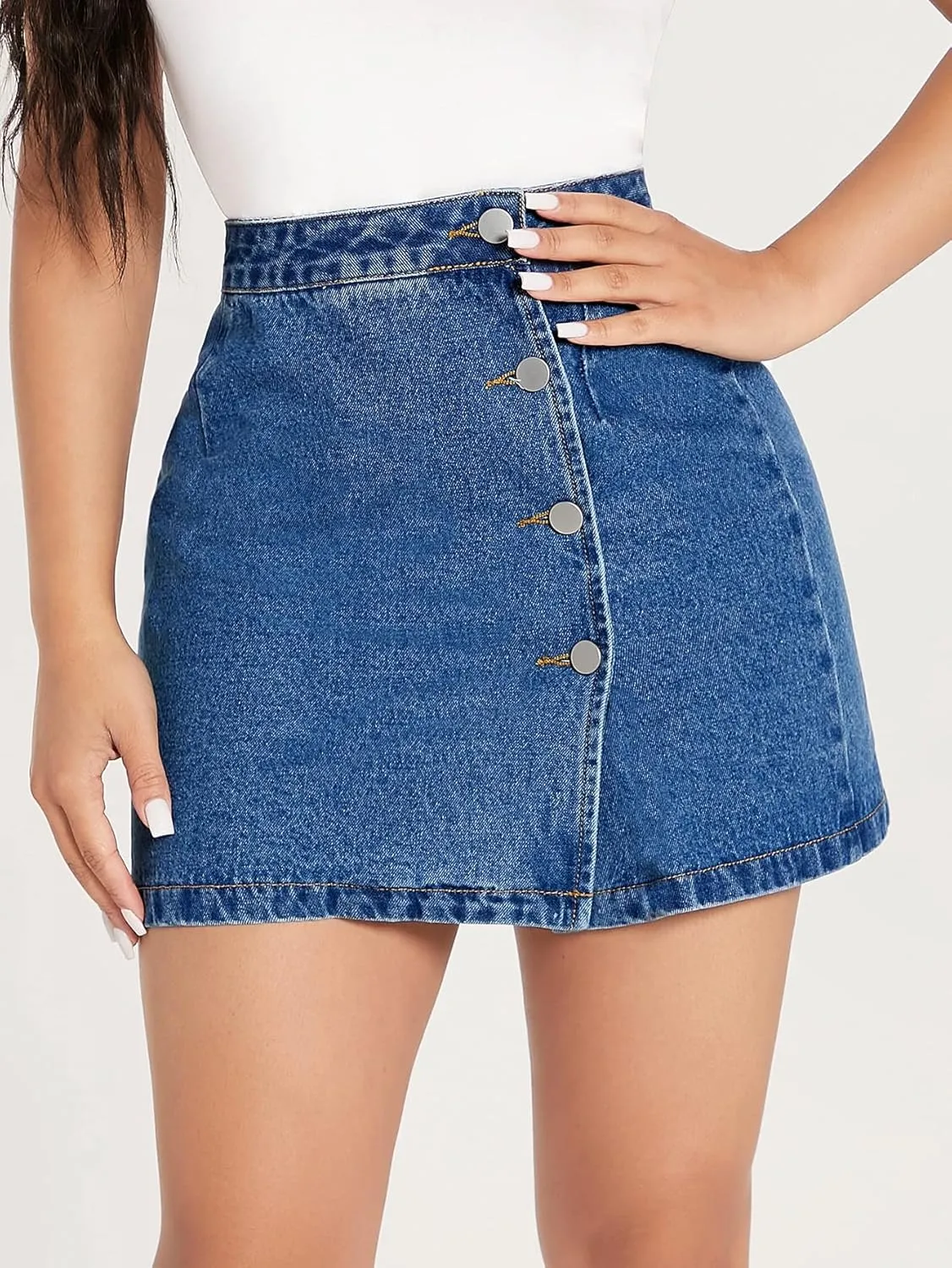 WDIRARA Women's High Waisted A-Line Button Wrap Denim Jean Skirt Mini Skirt Petite Medium Wash Petite XXS