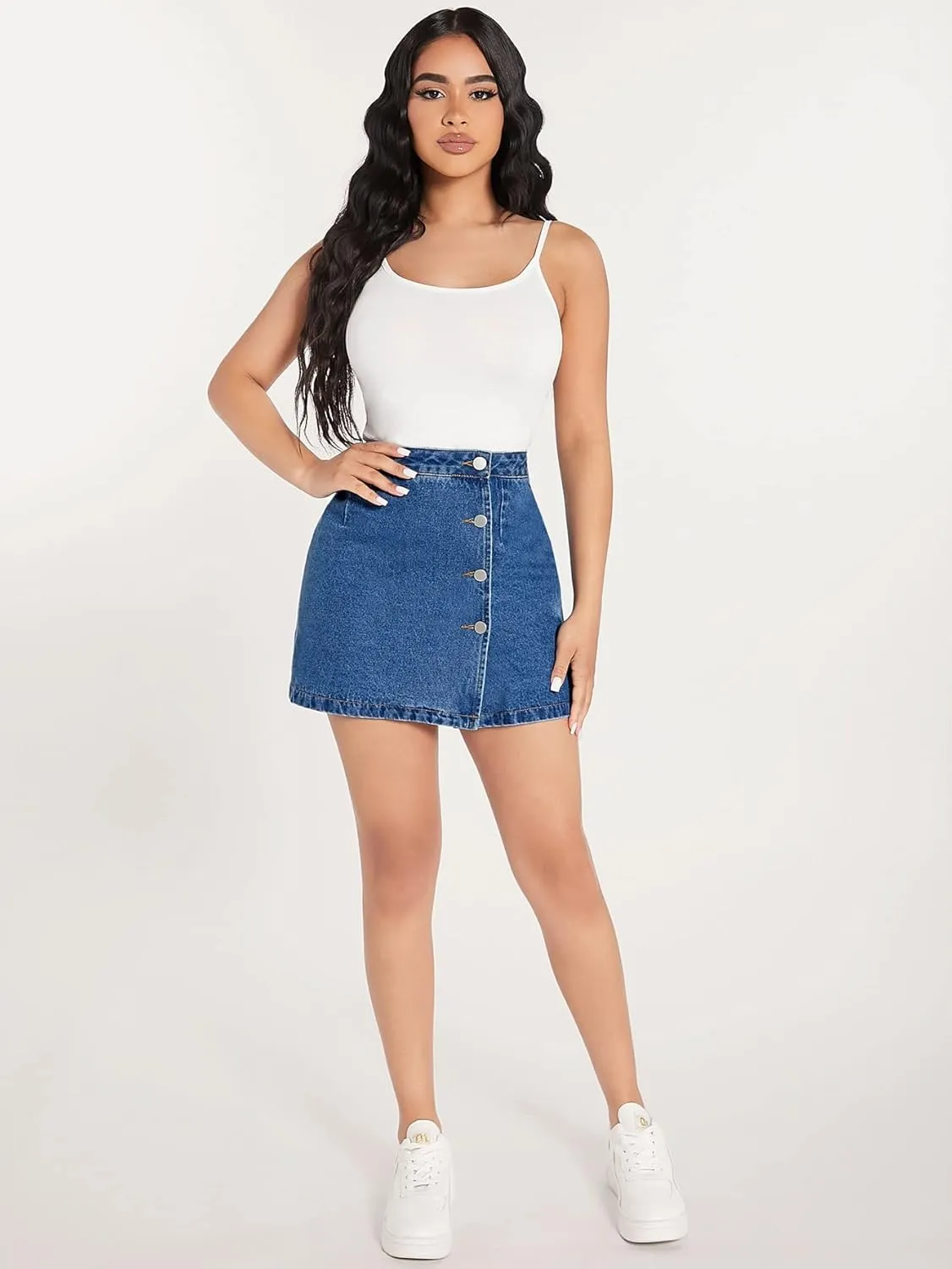 WDIRARA Women's High Waisted A-Line Button Wrap Denim Jean Skirt Mini Skirt Petite Medium Wash Petite XXS