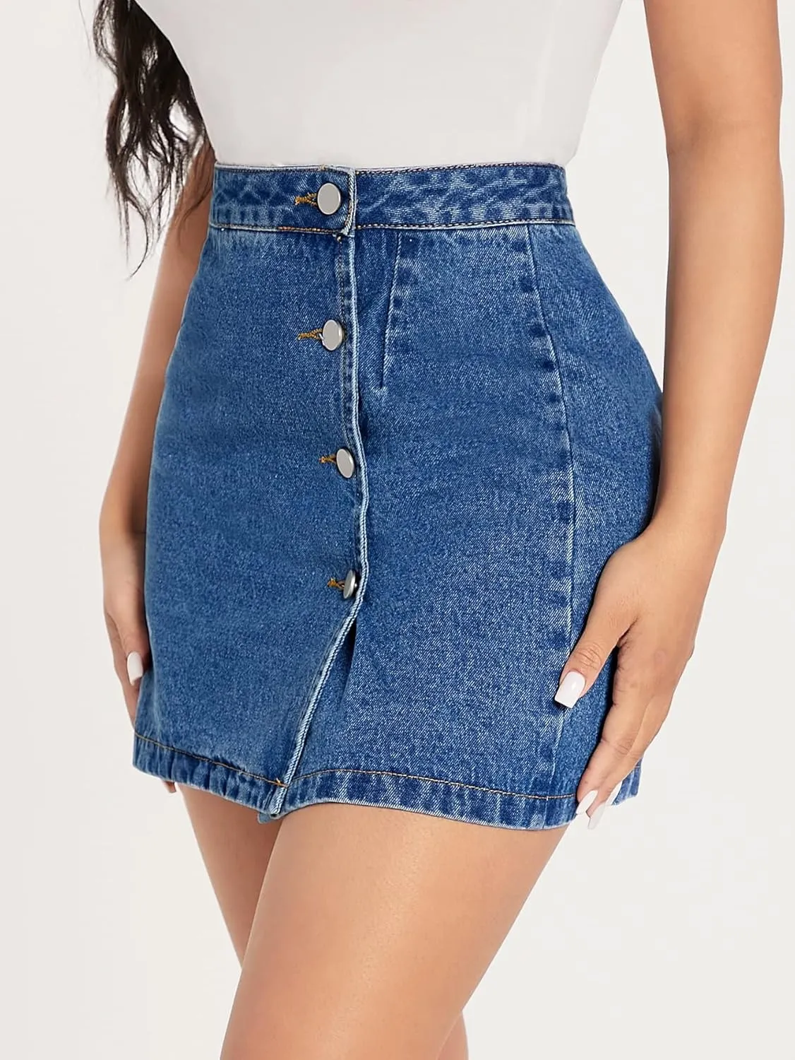 WDIRARA Women's High Waisted A-Line Button Wrap Denim Jean Skirt Mini Skirt Petite Medium Wash Petite XXS