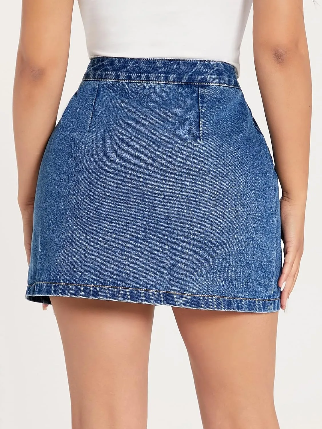 WDIRARA Women's High Waisted A-Line Button Wrap Denim Jean Skirt Mini Skirt Petite Medium Wash Petite XXS