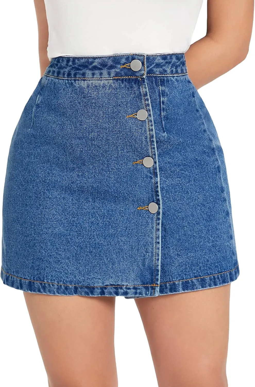 WDIRARA Women's High Waisted A-Line Button Wrap Denim Jean Skirt Mini Skirt Petite Medium Wash Petite XXS