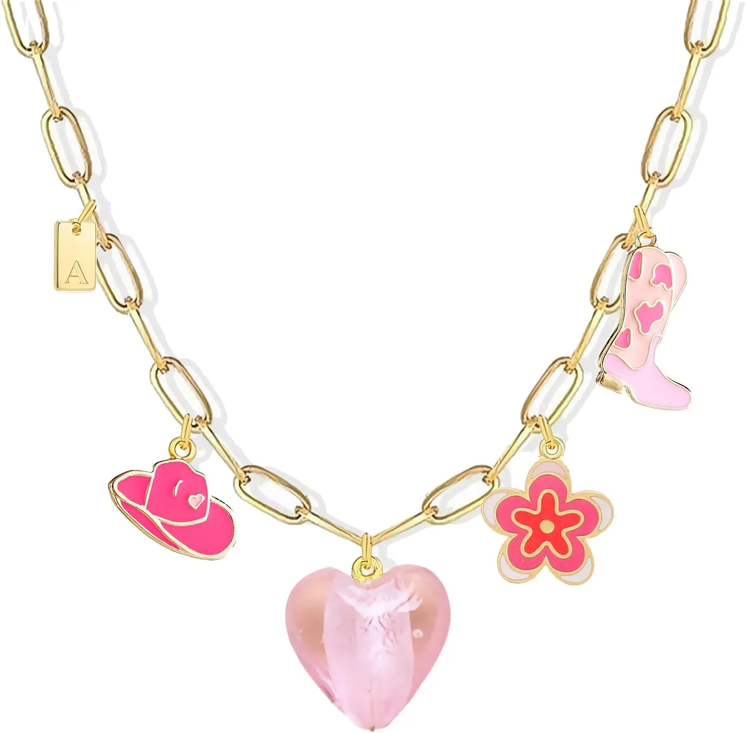 Western Cowgirl Initial Charm Necklace for Women, Gold Paperclip Chain with Heart, Boot, Hat, and Letter Pendants