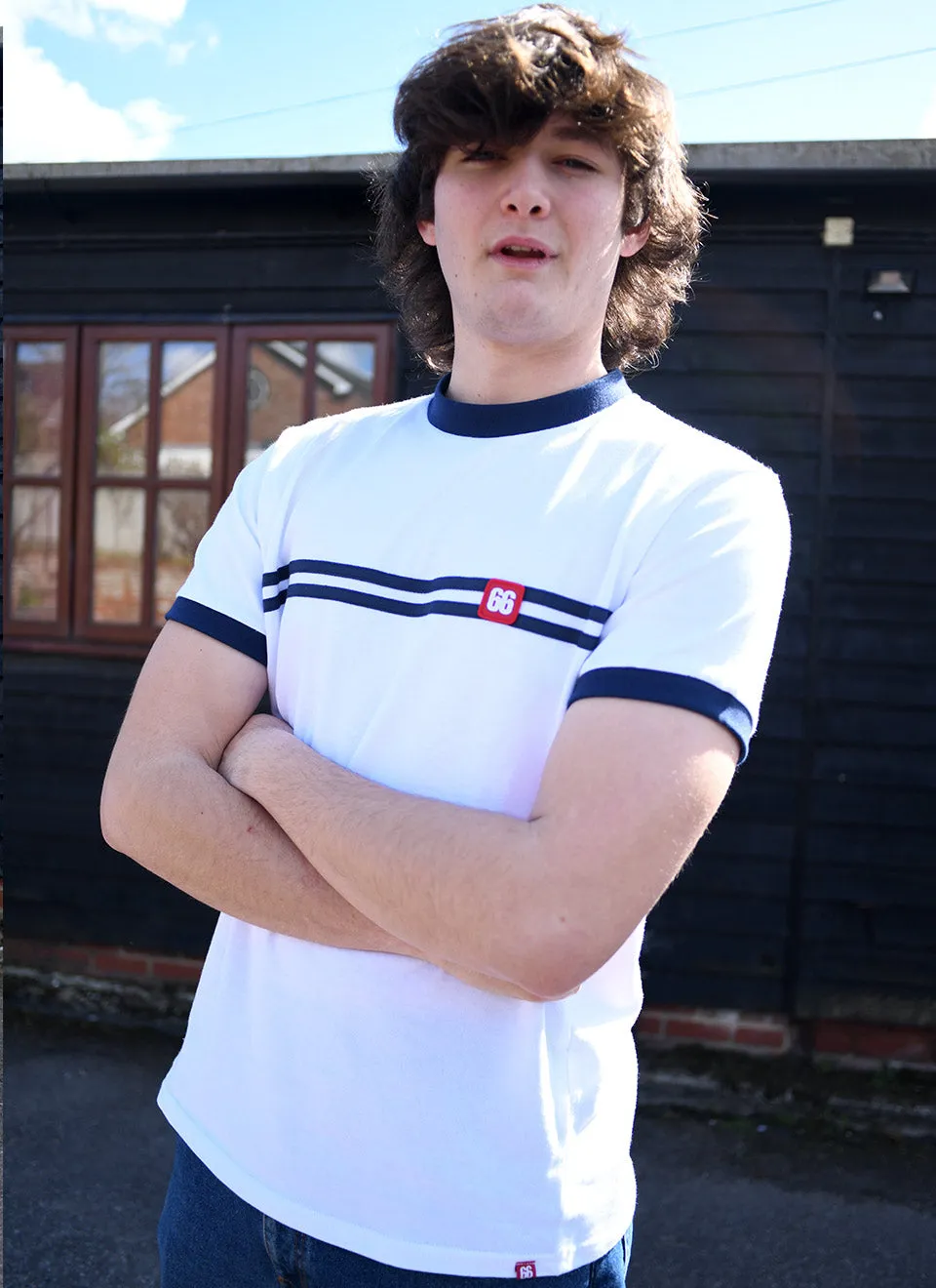White and Blue Horizontal Stripe Racer T-Shirt By 66 Clothing Made In UK