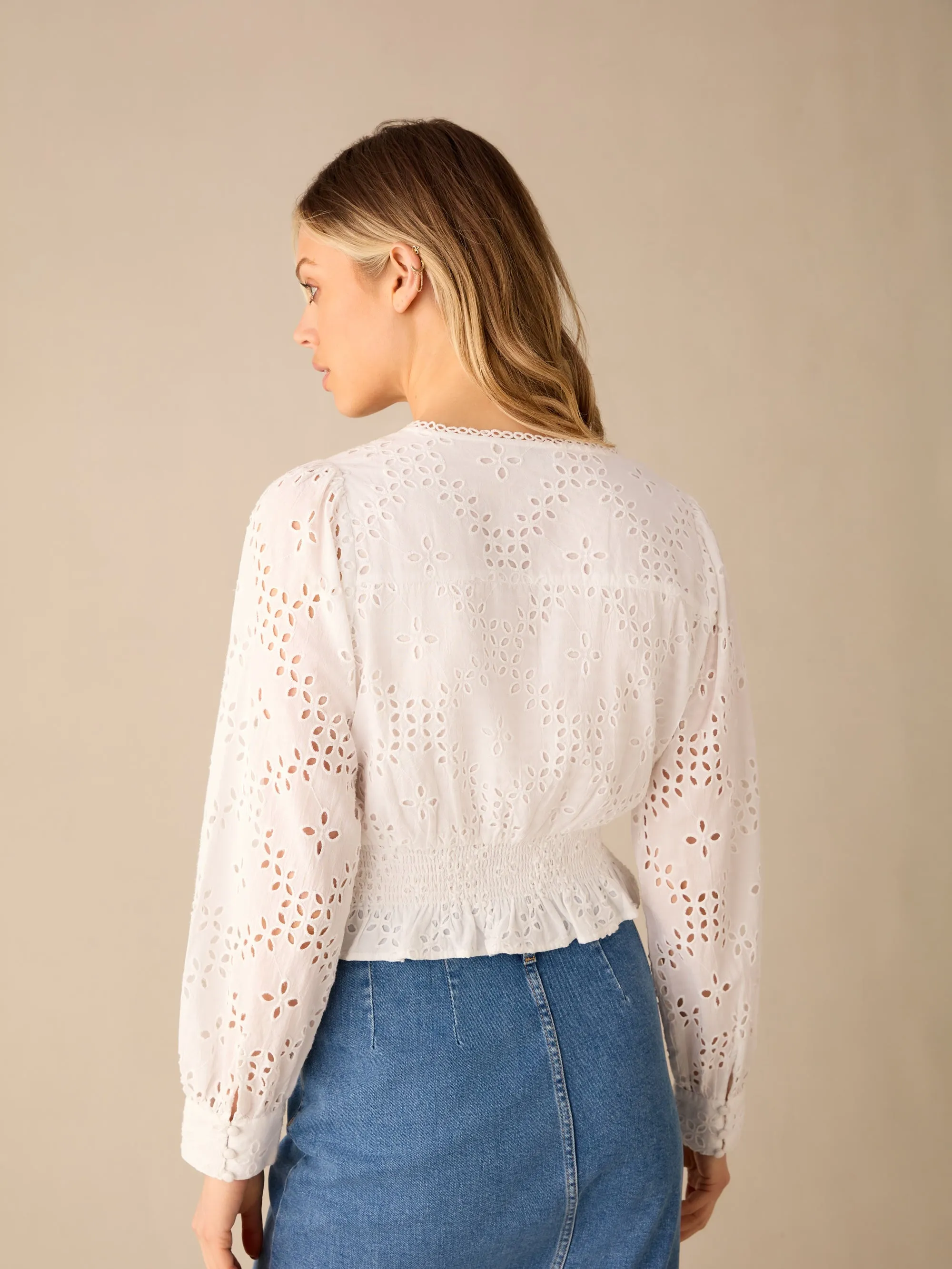 White Broderie Shirred Waist Top