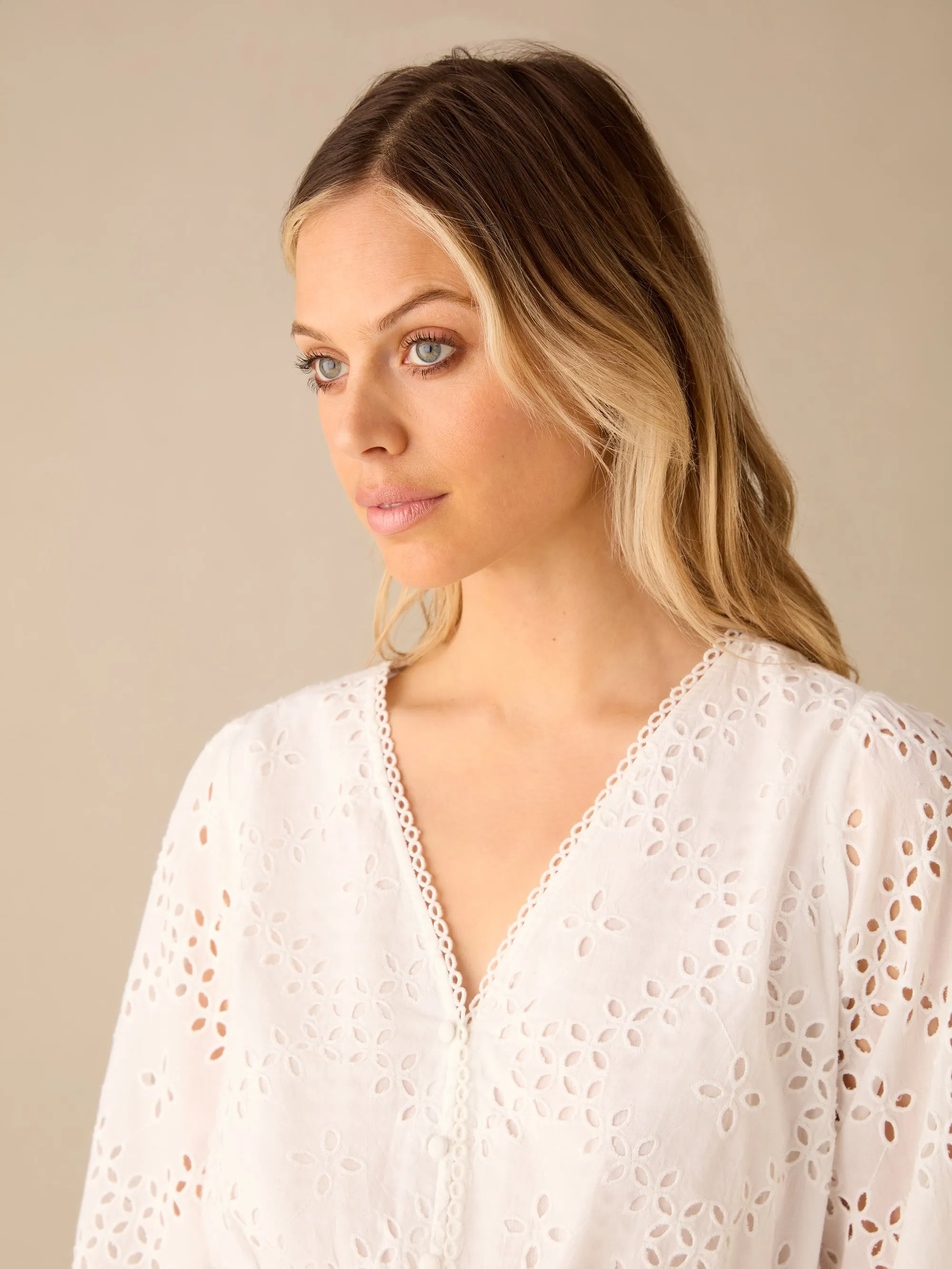 White Broderie Shirred Waist Top