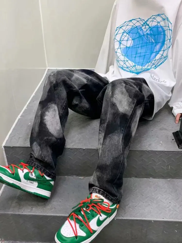 Wiaofellas  -  Tie-dye Jeans Men's Autumn New Loose Straight Wide-leg Pants Fashion Men's Patchwork Jeans  Low Rise Jeans    Mens Pants
