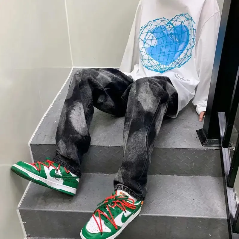 Wiaofellas  -  Tie-dye Jeans Men's Autumn New Loose Straight Wide-leg Pants Fashion Men's Patchwork Jeans  Low Rise Jeans    Mens Pants