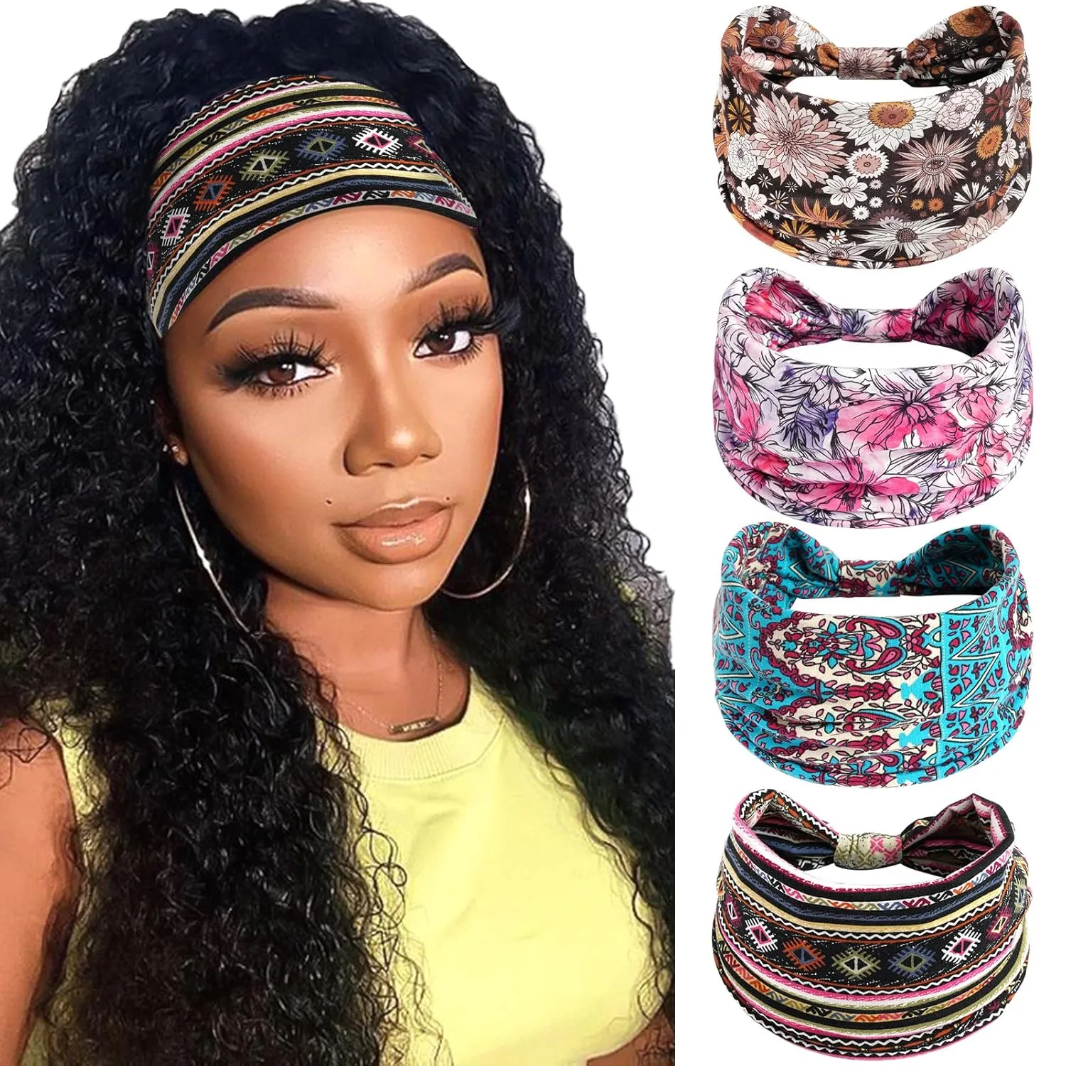 Wide Boho Headbands for Women Floral Print Twist Knot Elastic Non-Slip Womens Head Bands African Style Daily Life Yoga Sports Hair Wraps 4 Pack