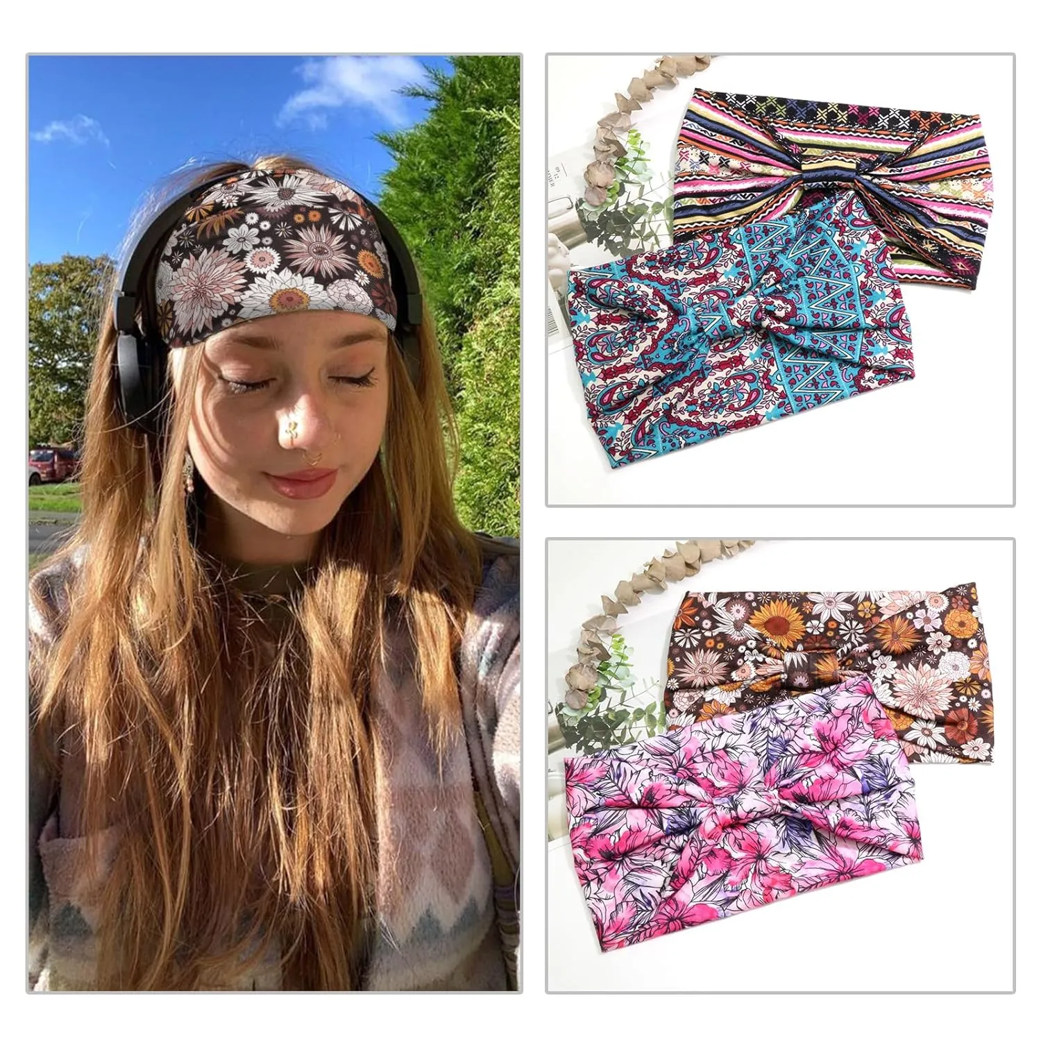 Wide Boho Headbands for Women Floral Print Twist Knot Elastic Non-Slip Womens Head Bands African Style Daily Life Yoga Sports Hair Wraps 4 Pack