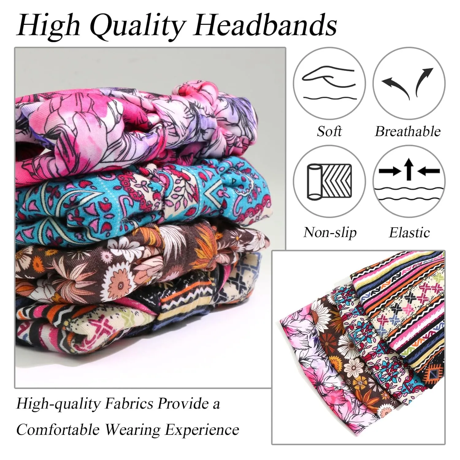 Wide Boho Headbands for Women Floral Print Twist Knot Elastic Non-Slip Womens Head Bands African Style Daily Life Yoga Sports Hair Wraps 4 Pack
