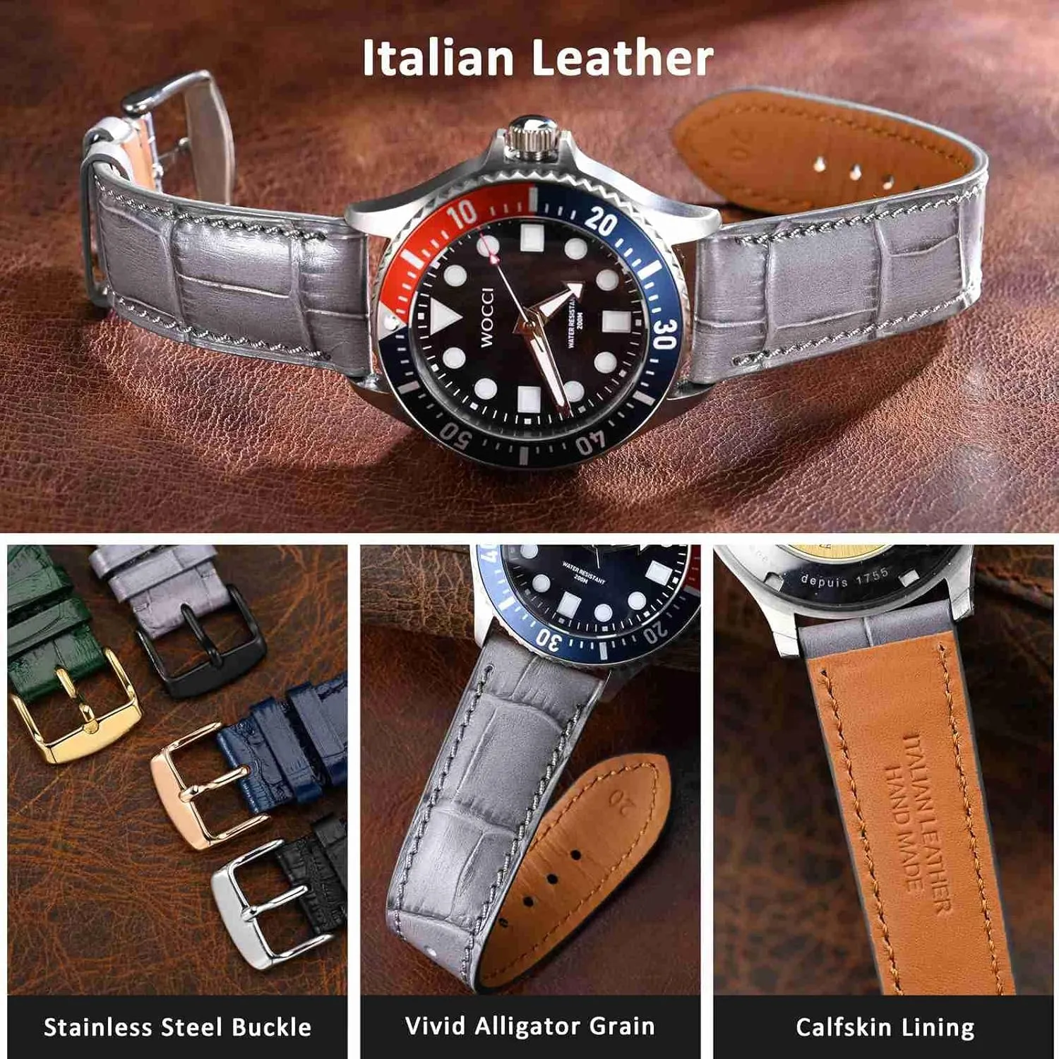 WOCCI 18mm Watch Band, Italian Leather, Embossed Alligator Grain, Rose Gold Buckle (Gray)
