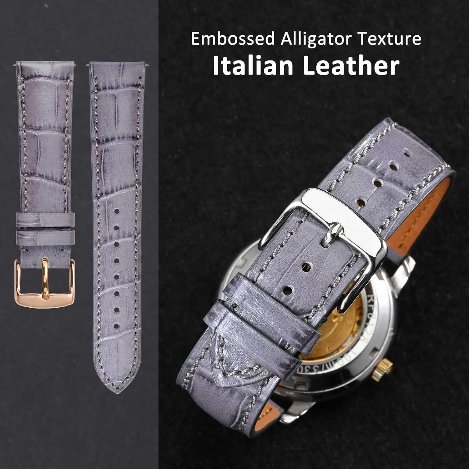 WOCCI 18mm Watch Band, Italian Leather, Embossed Alligator Grain, Rose Gold Buckle (Gray)