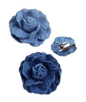 Woman Denim Brooch Flower Girls Blue Jeans Hair Clip Lady Hairgrips HairPin JW02 (2pc-Set)